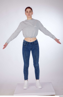 Rada a-pose blue jeans dressed grey long sleeve cropped hoodie…